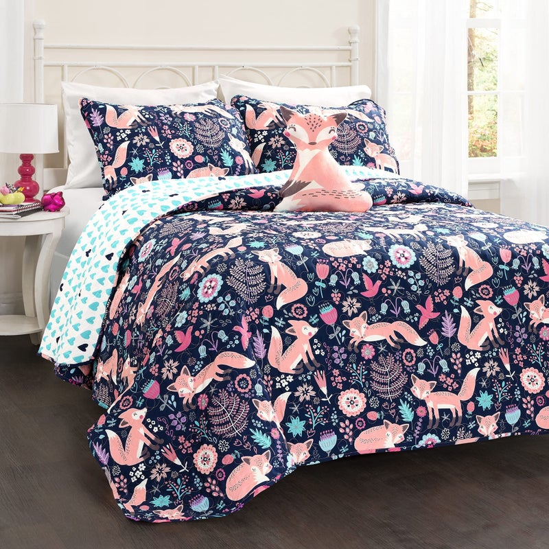 Lush Decor Pixie Fox Reversible Quilt Set 3 Piece Set Twin Navy  Pink  Twin Bedding Sets for Girls  Whimsical Quilt for Kids  Toddlers Floral  Heart Print  Woodland Bedroom Decor