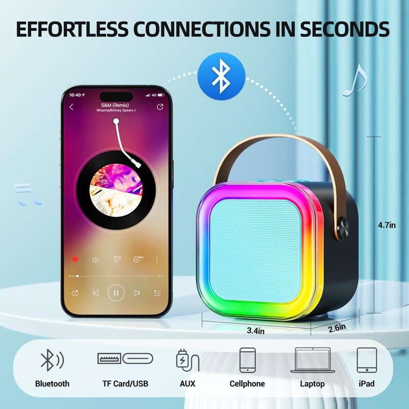 Kinglucky Kinglucky TOP Mini Karaoke Machine for Kids Adults - Viral Gift Pick with 2 Wireless Microphones  Fun Voice Effects  3-12 Year Old Girl Birthday Gifts Portable Karaoke Machine for Party Black & Blue  - Image 5
