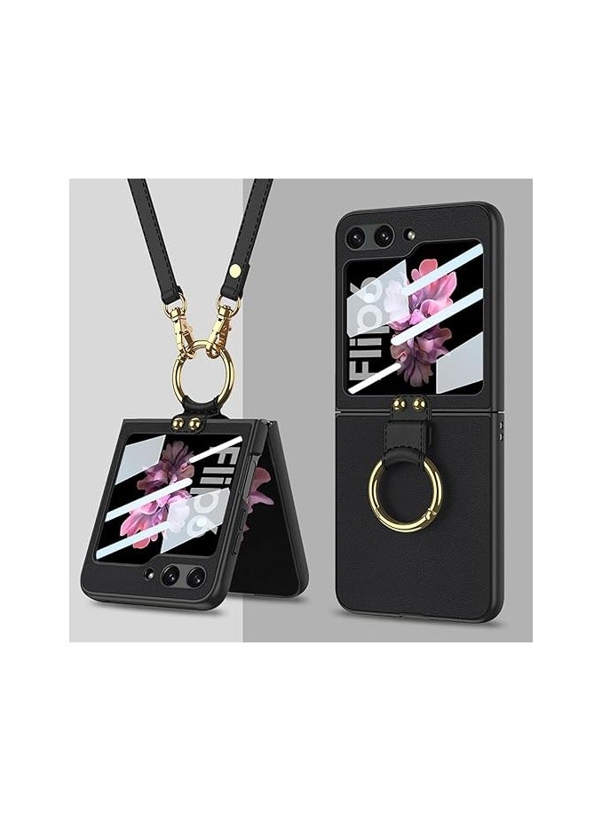 عام حافظة متوافقة مع سامسونج جالاكسي Z Flip 6 5G، غلاف واقي جلدي مع واقي شاشة، حافظة هاتف شاملة مع حامل حلقي وحزام كتف. - Image 1