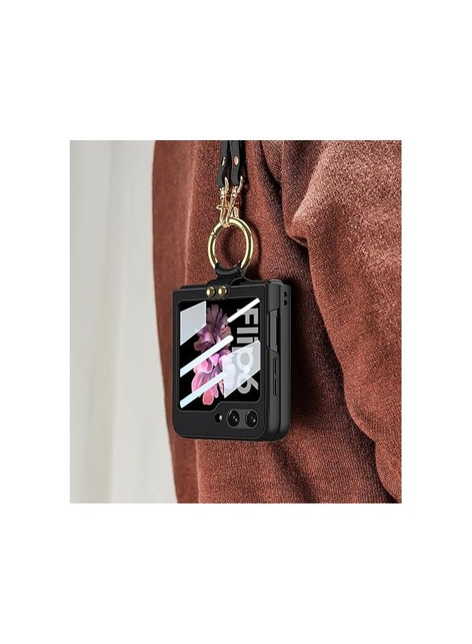 عام حافظة متوافقة مع سامسونج جالاكسي Z Flip 6 5G، غلاف واقي جلدي مع واقي شاشة، حافظة هاتف شاملة مع حامل حلقي وحزام كتف. - Image 2