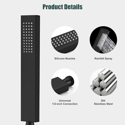 Heyalan SUS304 Stainless Steel Handheld Shower Wand High Pressure Luxury Shower Set High Flow Rectangle Hand Shower Spray with Wall Connector Holder and hose, Straight Style Matte Black - Image 2