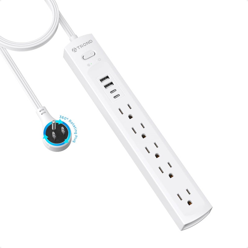 TROND Surge Protector Power Strip with 360Â° Rotating Flat Plug, 5 Widely Spaced Outlets with 2 USB C and 2 USB A, 1440J Surge Protector, Wall Mountable, Extension Cord 6ft for Home Office Dorm, White - Image 1