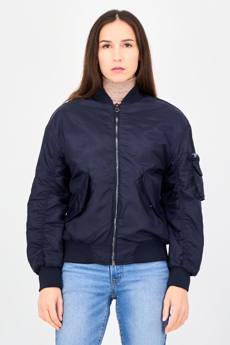 Bershka Women Solid Bomber Jacket, Navy - Image 1