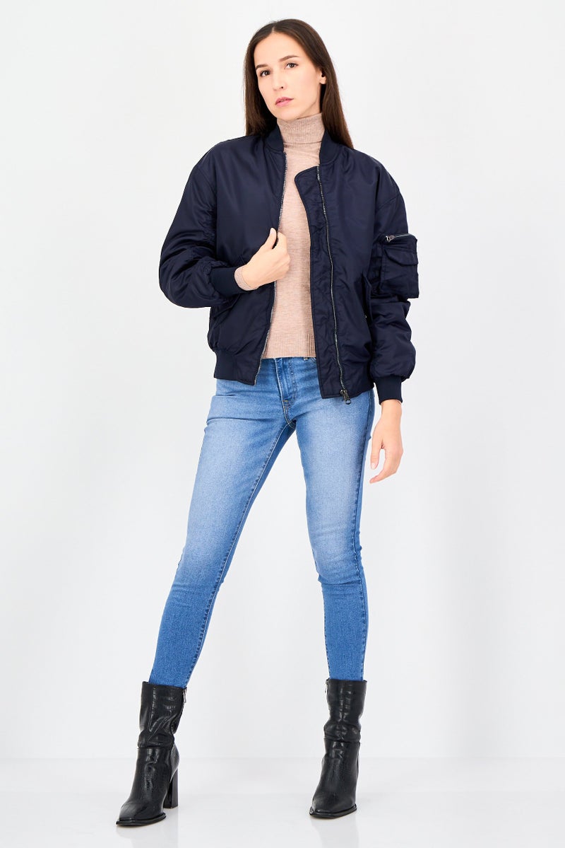 Bershka Women Solid Bomber Jacket, Navy - Image 4