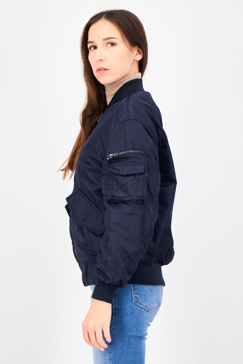Bershka Women Solid Bomber Jacket, Navy - Image 2