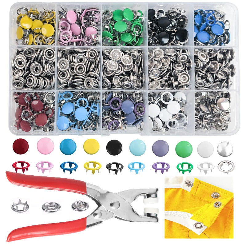 GTAAOY 800PCS Metal Snaps Buttons with Fastener Pliers Press Tool Kit Perfect for DIY Crafts Clothes Hats and Sewing, Snap Button Fasteners Kit for Clothing Sewing(200 Sets,10 Colors,9.5mm) - Image 1