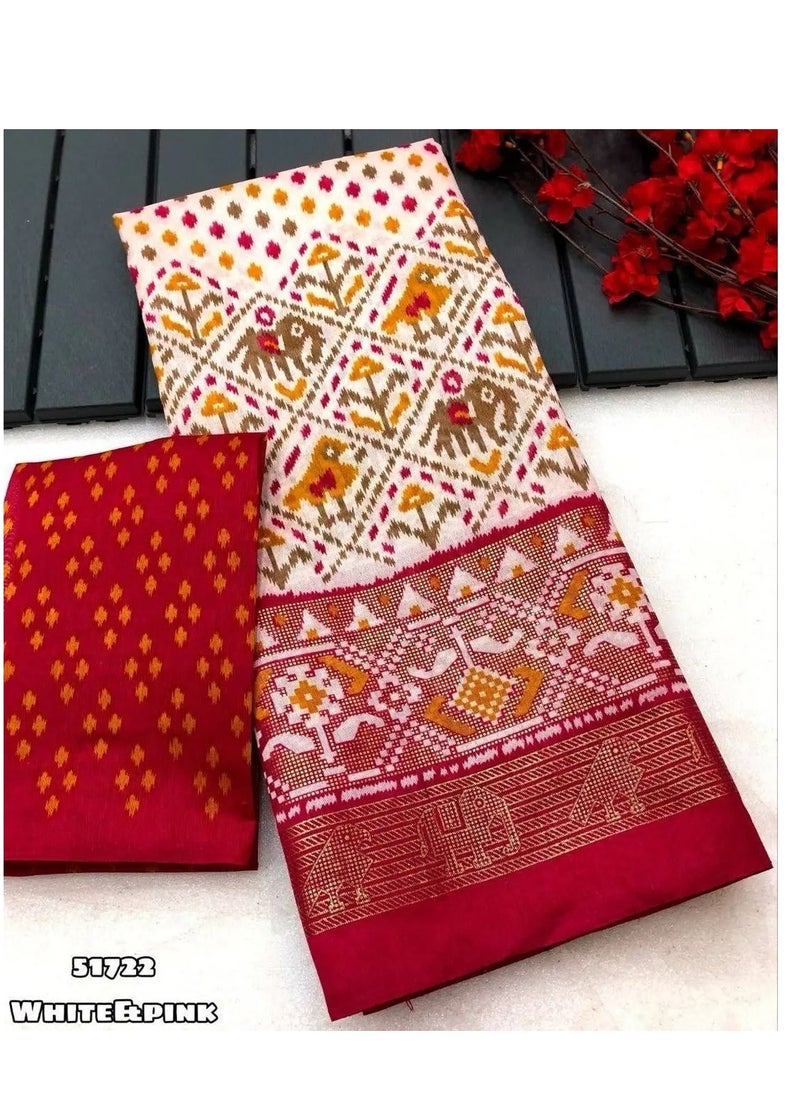 Grab Mantra - White Dola Silk Patola Print With Foil Printed Border And Pallu Plus Unstitched Contrast Blouse - Image 1