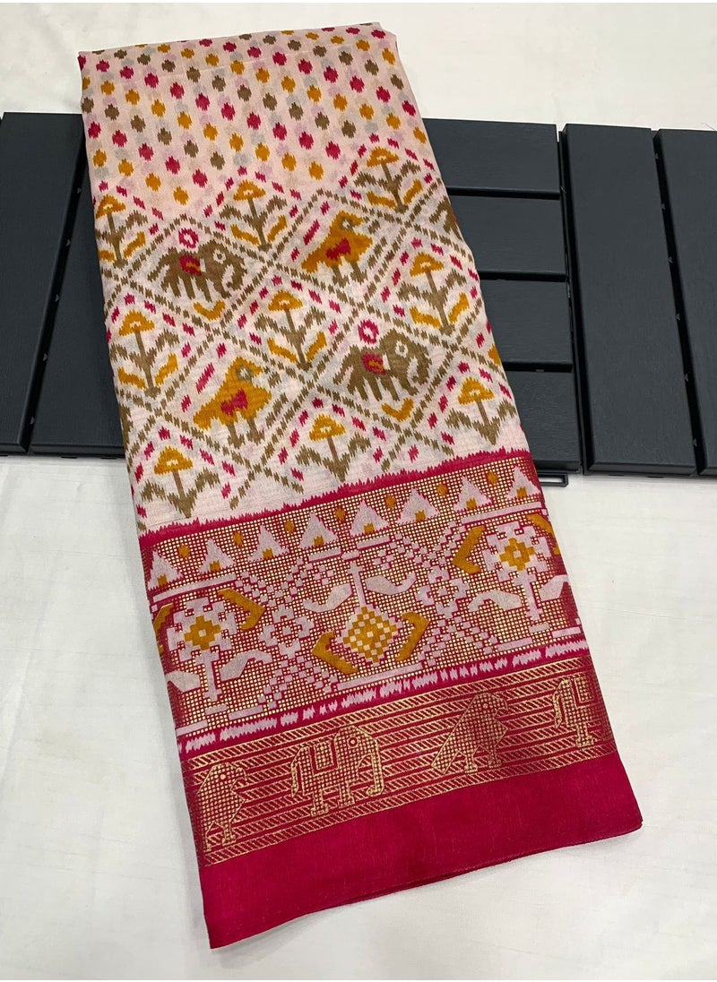 Grab Mantra - White Dola Silk Patola Print With Foil Printed Border And Pallu Plus Unstitched Contrast Blouse - Image 1
