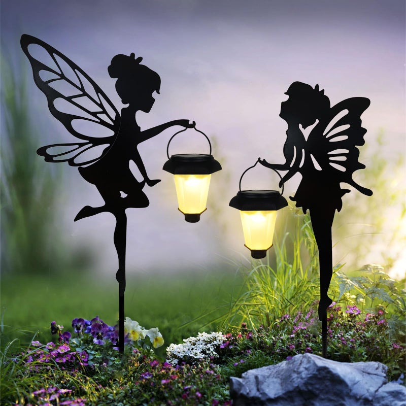SUNNYPARK Solar Fairy Garden Stake Decorative Lantern, 2 Pack Metal Fairy Angel Garden Silhouette Lights for Lawn, Pathway, Patio, Yard Outdoor Decor - Image 1