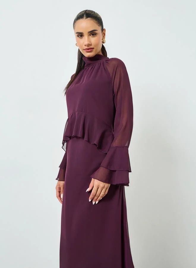 ستايلي فستان ميدي أرجواني بأكمام جرس وتفاصيل كشكش