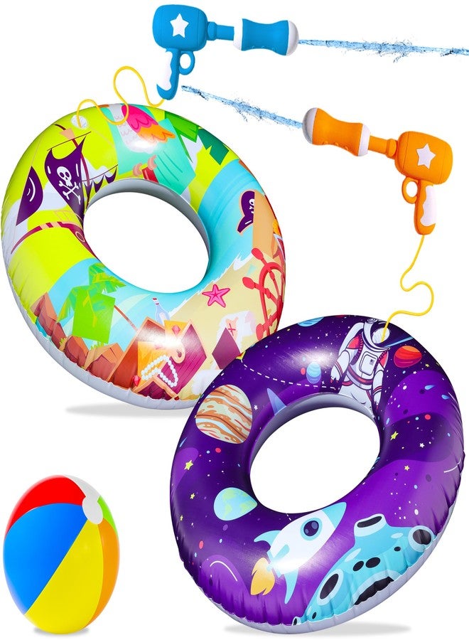 FindUWill 2 Pack Pool Floats with 2 Water Guns Kids and 1 Beach Ball, Inflatable Pool Swim Tubes, Pool Floaties Toys Inner Tube with Squirt Guns for Kids Ages 8-12, Beach Swimming Party Toys - Image 1