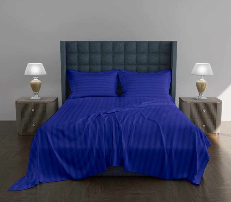AVI 300 TC Satin Stripe Glace Cotton Flat Double Bedsheet with Two Pillow Cover for Home (Navy Blue. 100x108 inch) - Image 1
