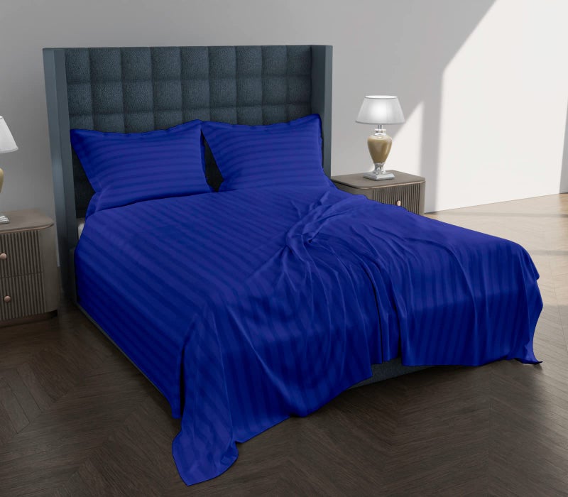 AVI 300 TC Satin Stripe Glace Cotton Flat Double Bedsheet with Two Pillow Cover for Home (Navy Blue. 100x108 inch) - Image 3