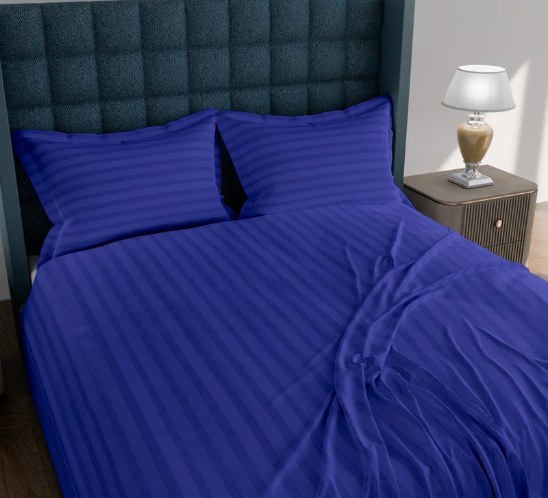 AVI 300 TC Satin Stripe Glace Cotton Flat Double Bedsheet with Two Pillow Cover for Home (Navy Blue. 100x108 inch) - Image 2