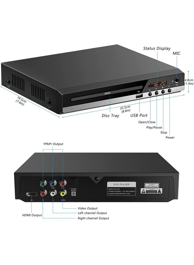 مشغل أقراص DVD عالي الدقة عالمي للتلفزيون - يدعم جميع المناطق، يدعم دقة ١٠٨٠ بكسل، مع مخرجي HDMI وRCA | مدخل USB، ذاكرة وصول عشوائي، جهاز تحكم عن بُعد | متوافق مع أجهزة التلفزيون والشاشات (أسود) - Image 3