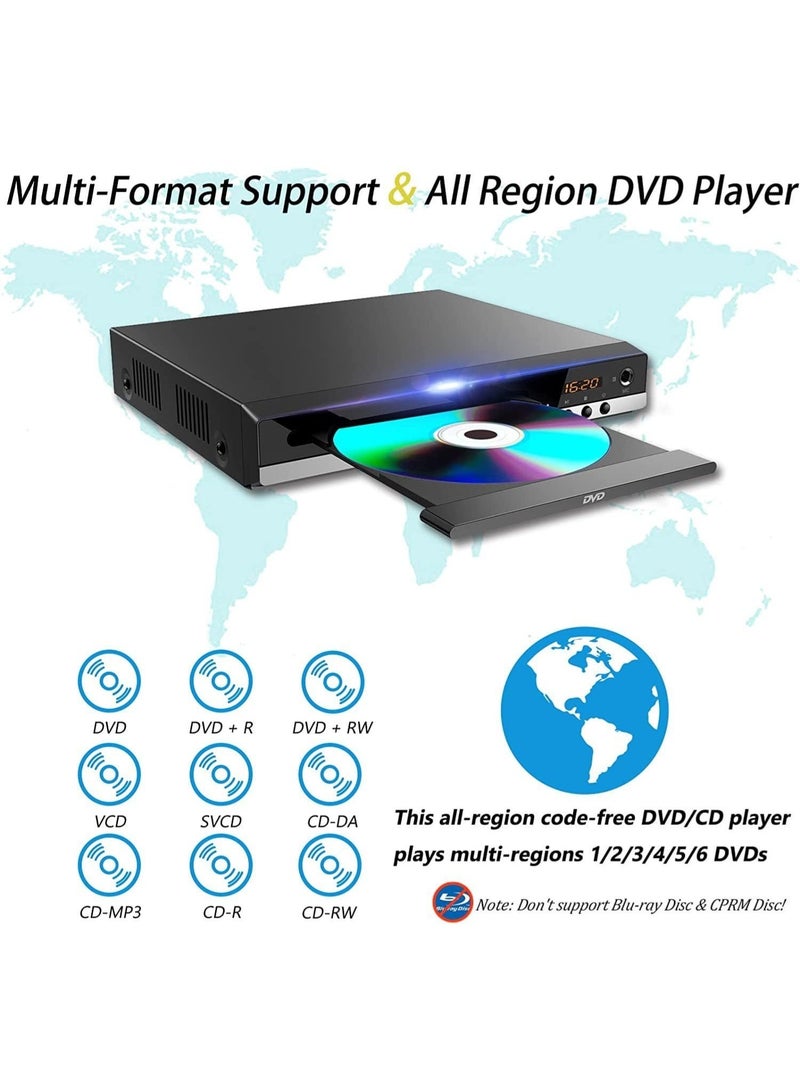 مشغل أقراص DVD عالي الدقة عالمي للتلفزيون - يدعم جميع المناطق، يدعم دقة ١٠٨٠ بكسل، مع مخرجي HDMI وRCA | مدخل USB، ذاكرة وصول عشوائي، جهاز تحكم عن بُعد | متوافق مع أجهزة التلفزيون والشاشات (أسود) - Image 4