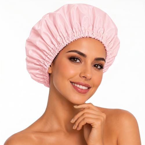 Aquior Shower Caps Reusable Shower Cap for Women Waterproof Layer Hair Cap Large Size for All Hair Lengthsfor Girls Spa Home Salon Use Pink - Image 1