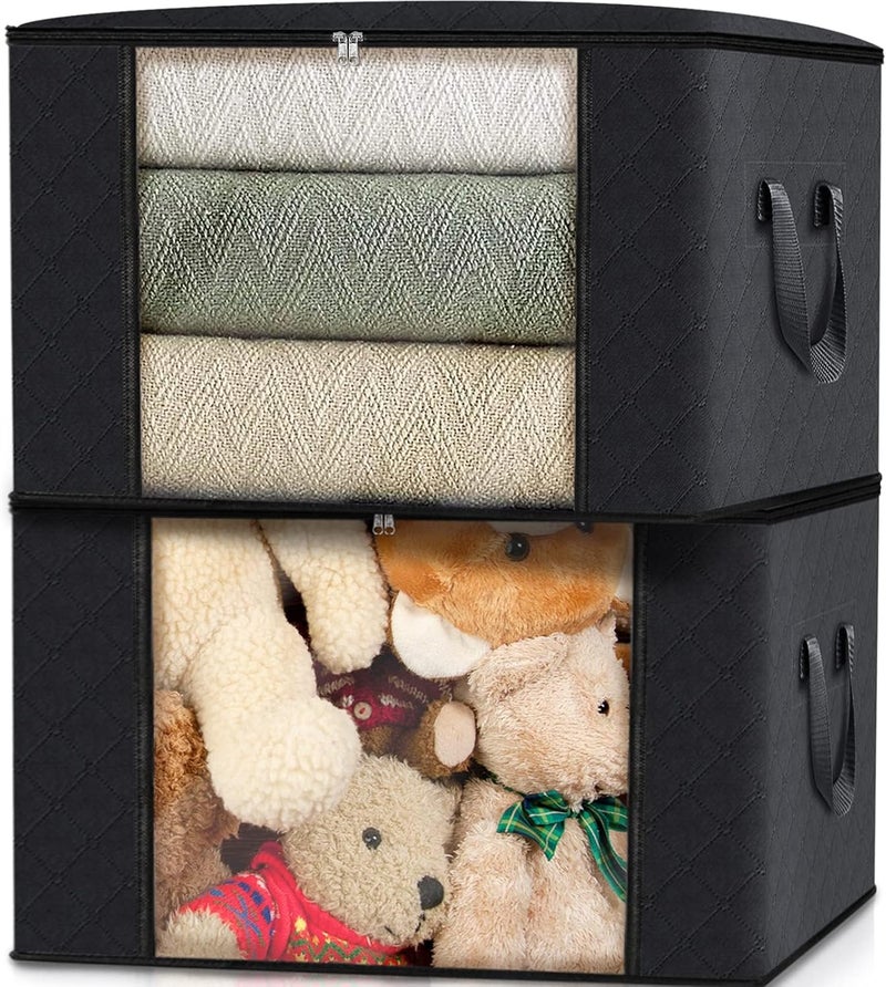 Fab totes 2 Pack Clothes Storage, Foldable Blanket Storage Bags, Storage Containers for Organizing Bedroom, Closet, Clothing, Comforter, Organization and Storage with Lids and Handle, Black - Image 1
