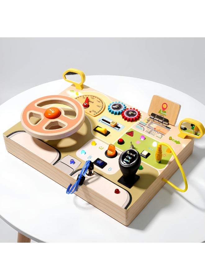 Capstro Wooden Steering Wheel Busy Board for Toddlers, Montessori Driving Activity Board with LED Lights, Switches, Buttons, Gear Shifter & Sensory Play Features – Steering Wheel Busy Board - Image 2