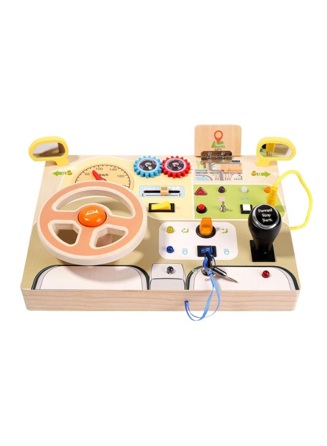 Capstro Wooden Steering Wheel Busy Board for Toddlers, Montessori Driving Activity Board with LED Lights, Switches, Buttons, Gear Shifter & Sensory Play Features – Steering Wheel Busy Board - Image 1