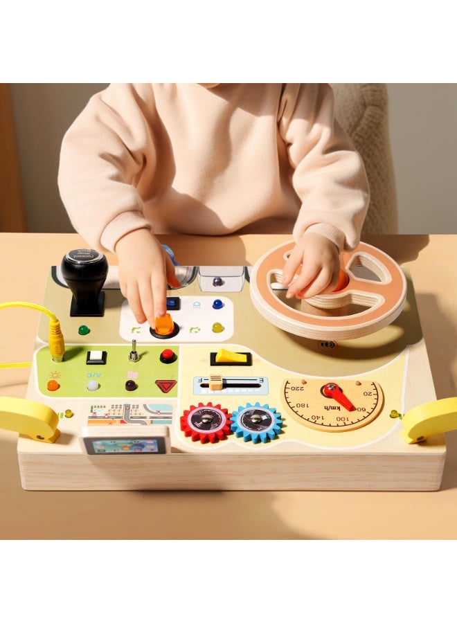 Capstro Wooden Steering Wheel Busy Board for Toddlers, Montessori Driving Activity Board with LED Lights, Switches, Buttons, Gear Shifter & Sensory Play Features – Steering Wheel Busy Board - Image 4