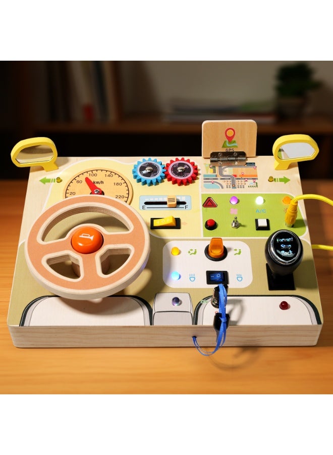 Capstro Wooden Steering Wheel Busy Board for Toddlers, Montessori Driving Activity Board with LED Lights, Switches, Buttons, Gear Shifter & Sensory Play Features – Steering Wheel Busy Board - Image 3