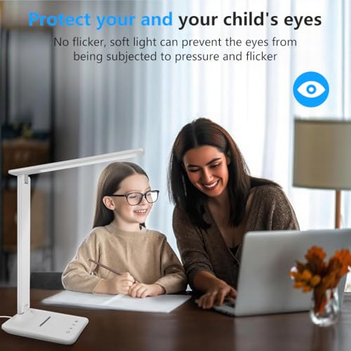 ELEPHANTBOAT® Desk Lamp LED Dimmable Eye Protection, Desk Lamp with 5 Colours and 5 Brightness Levels, Table with USB Charging Port Touch Control for Children Bedrooms Reading Offices (White) - Image 4