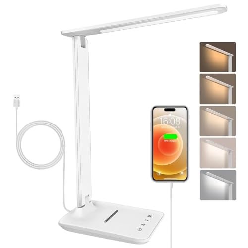 ELEPHANTBOAT® Desk Lamp LED Dimmable Eye Protection, Desk Lamp with 5 Colours and 5 Brightness Levels, Table with USB Charging Port Touch Control for Children Bedrooms Reading Offices (White) - Image 1