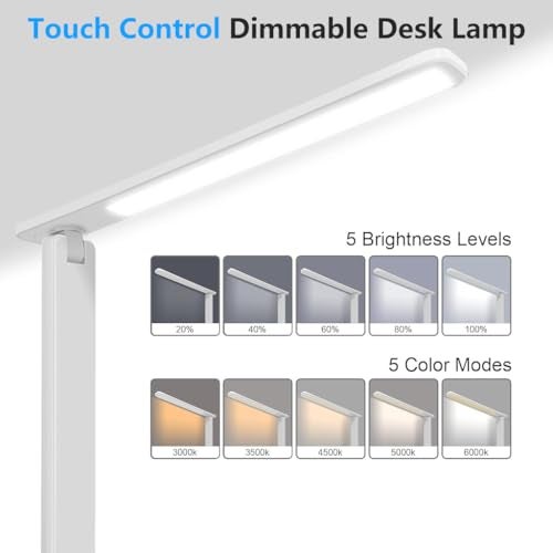 ELEPHANTBOAT® Desk Lamp LED Dimmable Eye Protection, Desk Lamp with 5 Colours and 5 Brightness Levels, Table with USB Charging Port Touch Control for Children Bedrooms Reading Offices (White) - Image 2