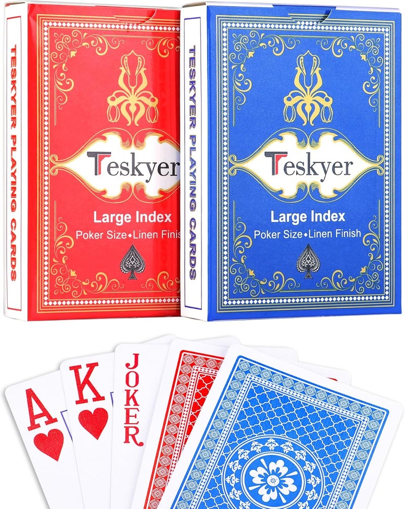 Teskyer 2 Pack Large Print Playing Cards, Poker Size Large Index Deck of Cards, Linen Finish for Seniors & Low Vision, Family Game Night Essential (Pattern A) - Image 1