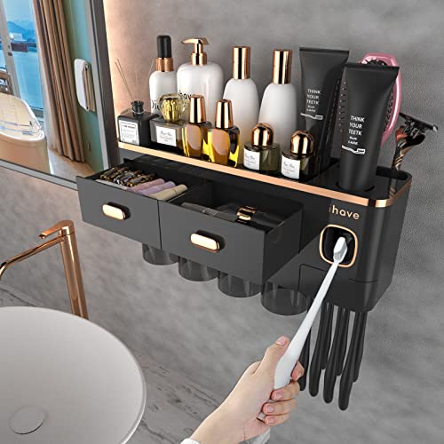iHave Toothbrush Holders for Bathrooms - Upgrade Wall Mounted Toothbrush Holder with Toothpaste Dispenser - 4 Cups, Large Capacity Tray, 2 Cosmetic Drawer - Bathroom Organizers and Storage - Image 1