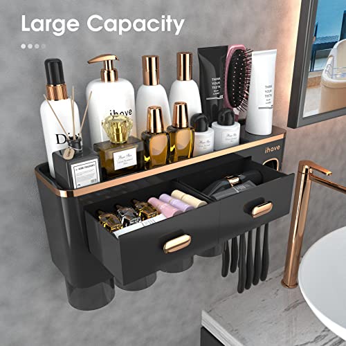 iHave Toothbrush Holders for Bathrooms - Upgrade Wall Mounted Toothbrush Holder with Toothpaste Dispenser - 4 Cups, Large Capacity Tray, 2 Cosmetic Drawer - Bathroom Organizers and Storage - Image 2