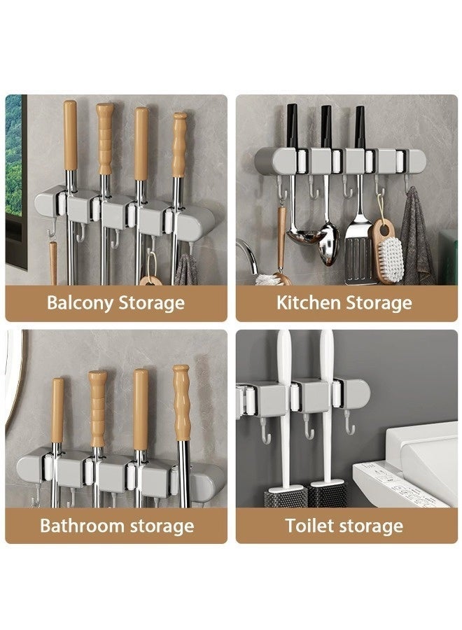 ShebSheb Broom Holder Wall Mount, No-Drilling Self-Adhesive Mop and Broom Storage Rack (4 Racks with 5 Hooks),Wall-Mounted Broom Hanger for Bathroom, Kitchen, Closet, Garage, Grey - Image 3