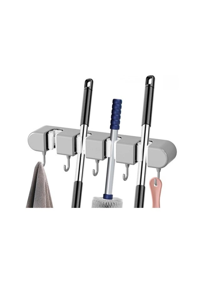 ShebSheb Broom Holder Wall Mount, No-Drilling Self-Adhesive Mop and Broom Storage Rack (4 Racks with 5 Hooks),Wall-Mounted Broom Hanger for Bathroom, Kitchen, Closet, Garage, Grey - Image 1