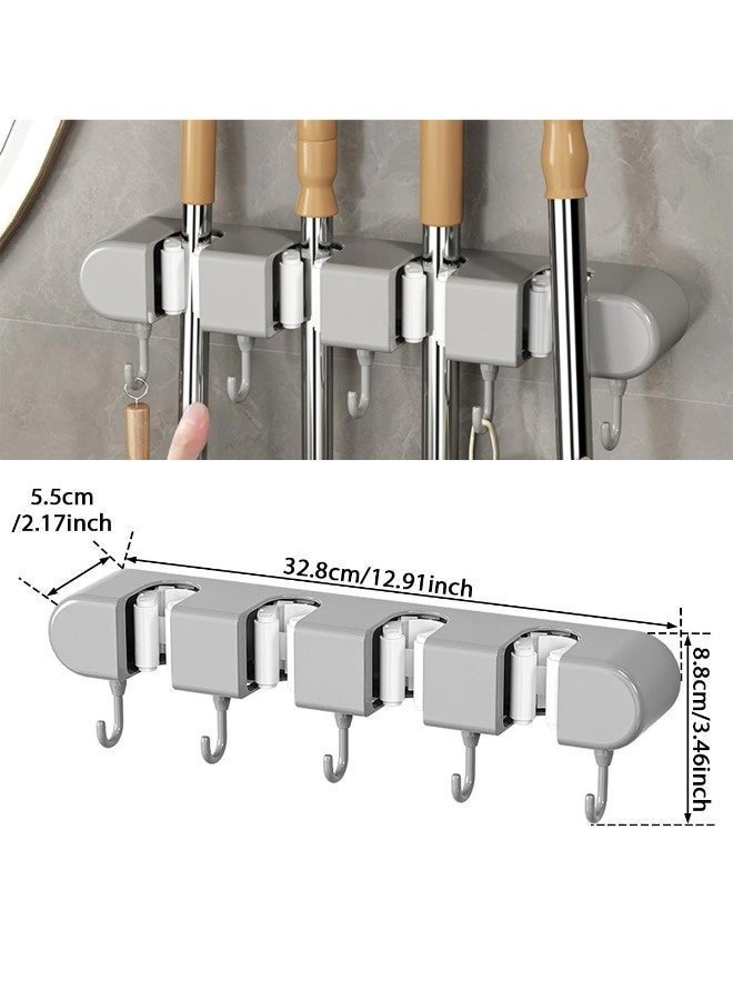 ShebSheb Broom Holder Wall Mount, No-Drilling Self-Adhesive Mop and Broom Storage Rack (4 Racks with 5 Hooks),Wall-Mounted Broom Hanger for Bathroom, Kitchen, Closet, Garage, Grey - Image 2