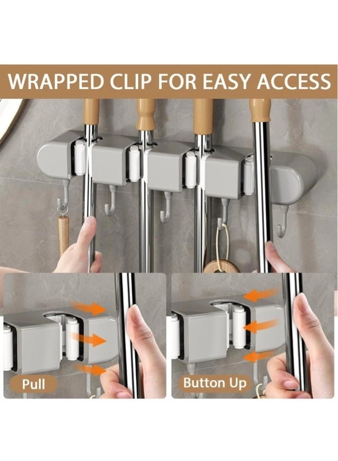 ShebSheb Broom Holder Wall Mount, No-Drilling Self-Adhesive Mop and Broom Storage Rack (4 Racks with 5 Hooks),Wall-Mounted Broom Hanger for Bathroom, Kitchen, Closet, Garage, Grey - Image 5
