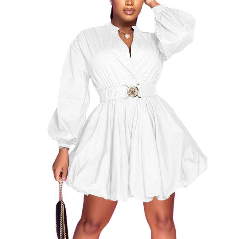 Uni Clau Button Down Shirt Dress for Women V Neck Long Sleeve Cute Fall Dresses Casual Short Mini Dress with Belt White L - Image 1