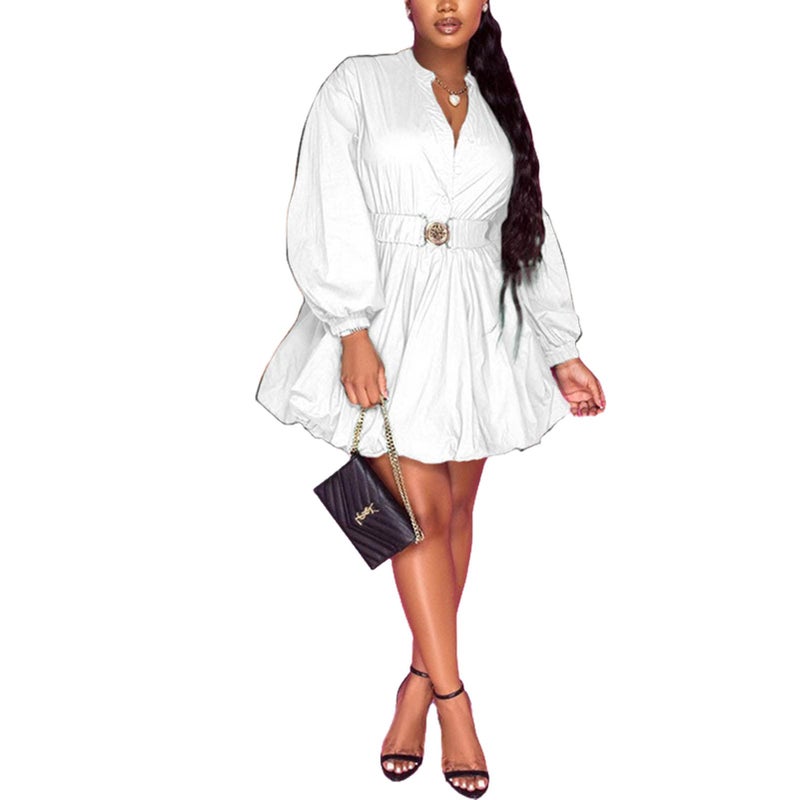 Uni Clau Button Down Shirt Dress for Women V Neck Long Sleeve Cute Fall Dresses Casual Short Mini Dress with Belt White L - Image 2