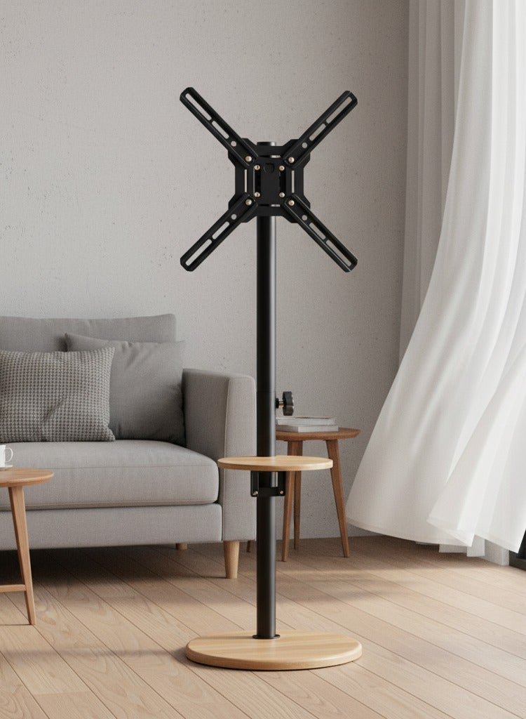 فلاشهوك حامل تلفزيون أرضي متحرك (بعجلات) مع حامل دوار وصينية خشبية لشاشات 14-43 بوصة، قابل للدوران 360 درجة، قابل لتعديل الارتفاع، عربة شاشة موبايل/محمولة، VESA حتى 280×280 مم، حمولة قصوى 20 كجم، لون أسود/خشبي - Image 1