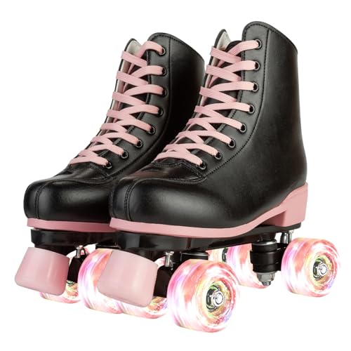 XUDREZ Roller Skates for Girls and Women, Stylish Black PU Leather Roller Skates with Pink Light Up Wheels, Indoor Outdoor Roller Skates for Youth Kids Girls Ages 8-12 (34-Youth 3) - Image 1