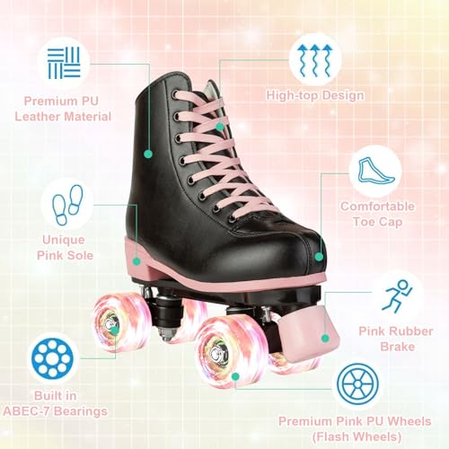 XUDREZ Roller Skates for Girls and Women, Stylish Black PU Leather Roller Skates with Pink Light Up Wheels, Indoor Outdoor Roller Skates for Youth Kids Girls Ages 8-12 (34-Youth 3) - Image 3