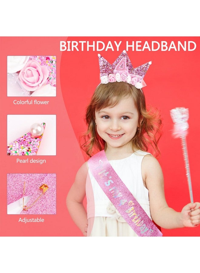 Vovii 4th Birthday Decorations for Girls, Birthday Girl Headband & Glitter Sash Set for 4 Year Old Girl Birthday Decorations, Birthday Flower Princess Crown Headband for Happy 4th Birthday Girl Outfit - Image 4