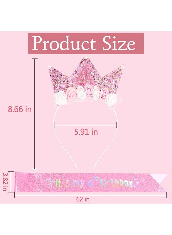 Vovii 4th Birthday Decorations for Girls, Birthday Girl Headband & Glitter Sash Set for 4 Year Old Girl Birthday Decorations, Birthday Flower Princess Crown Headband for Happy 4th Birthday Girl Outfit - Image 3