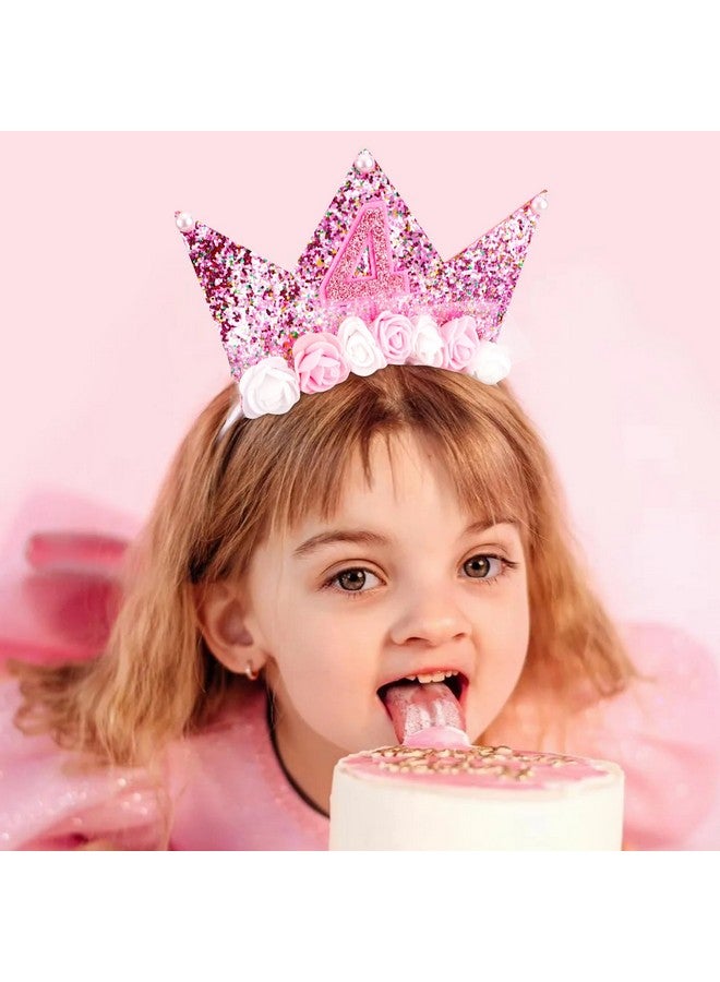 Vovii 4th Birthday Decorations for Girls, Birthday Girl Headband & Glitter Sash Set for 4 Year Old Girl Birthday Decorations, Birthday Flower Princess Crown Headband for Happy 4th Birthday Girl Outfit - Image 5