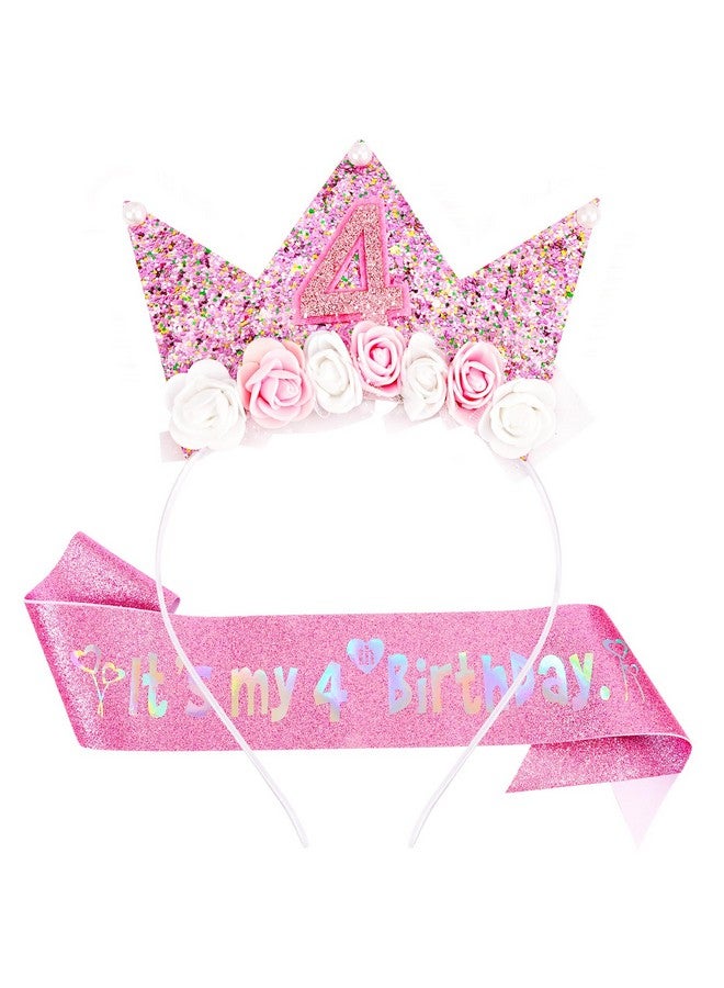 Vovii 4th Birthday Decorations for Girls, Birthday Girl Headband & Glitter Sash Set for 4 Year Old Girl Birthday Decorations, Birthday Flower Princess Crown Headband for Happy 4th Birthday Girl Outfit - Image 1