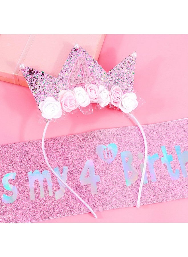 Vovii 4th Birthday Decorations for Girls, Birthday Girl Headband & Glitter Sash Set for 4 Year Old Girl Birthday Decorations, Birthday Flower Princess Crown Headband for Happy 4th Birthday Girl Outfit - Image 2