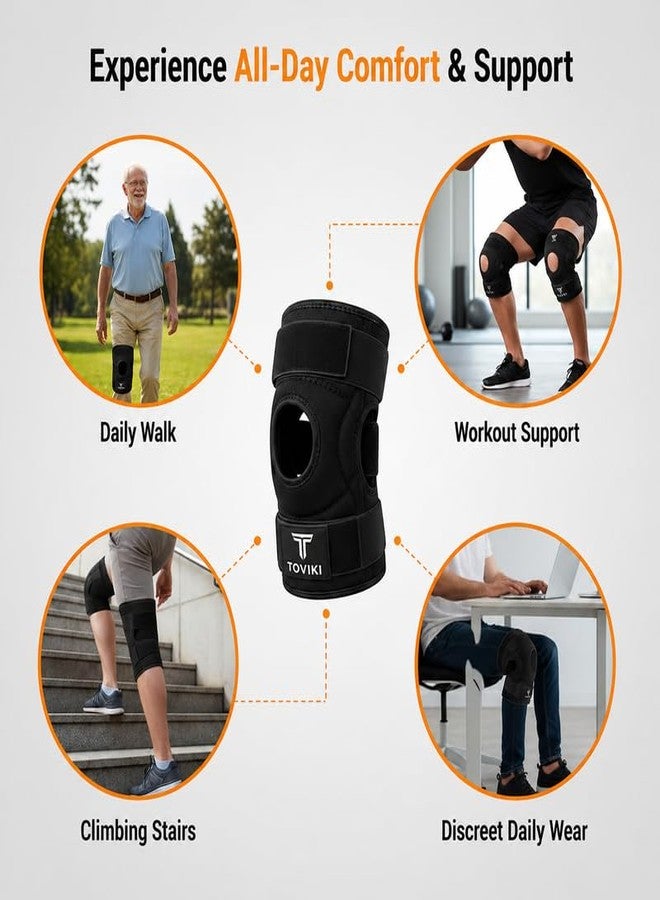 TOVIKI 1 Pc Knee Brace for Men & Women | Adjustable Hinged Knee Cap for Knee Pain Relief | Open Patella Neoprene Knee Support for Gym, Sports & Arthritis | Knee Brace for Ligament Tear | Universal Size | Black - Image 2
