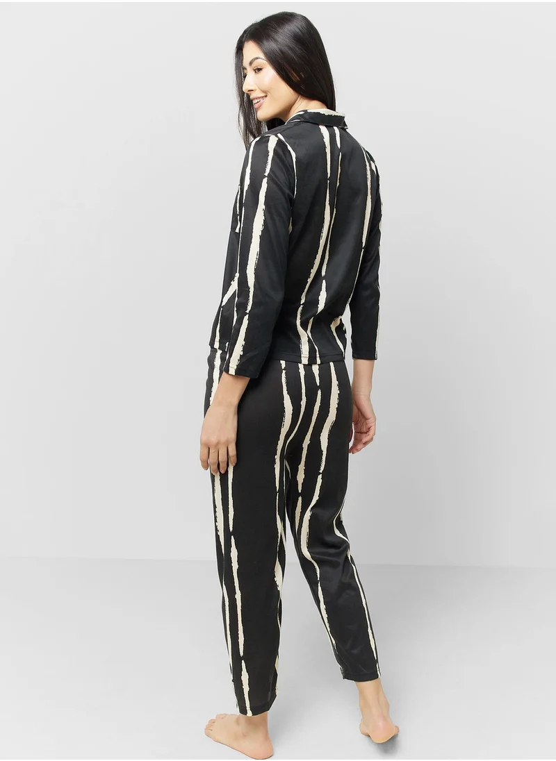 جينجر Monochrome Satin Shirt & Pyjama Set