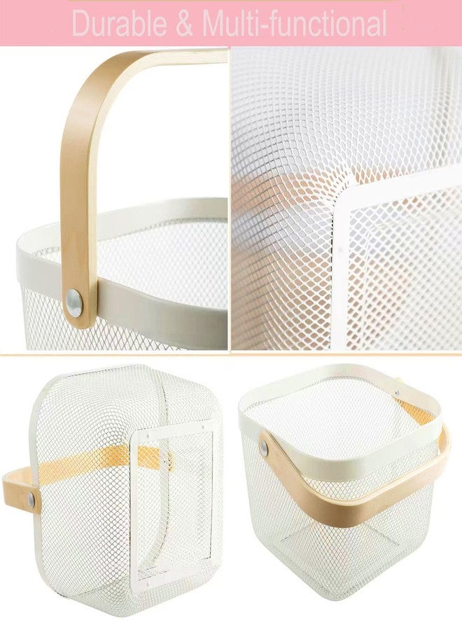AJIODA Metal Mesh Steel Basket, Multi-functional Hanging Kitchen Baskets Fruit Basket Bin with Bamboo Handle, Beige - Image 3