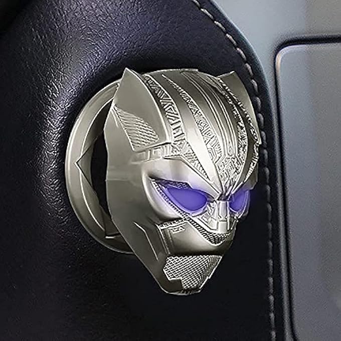 ELECDON غطاء بدء تشغيل محرك السيارة من Black Panther غطاء زر بدء التشغيل والإيقاف البديل لمحرك السيارة مع زر بدء التشغيل والإيقاف وواقي زخرفة حلقة المفاتيح وغطاء دائري ثلاثي الأبعاد ملحق داخلي للسيارة باللون الفضي - Image 4